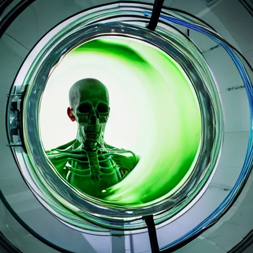 Prompt: a human without skin floating in a circular glass tank, nerves caress the bones of the being, one eye, suspended, green liquid, attached to tubes and cables, hyper real, canon 5 d, sigma, 5 0 mm