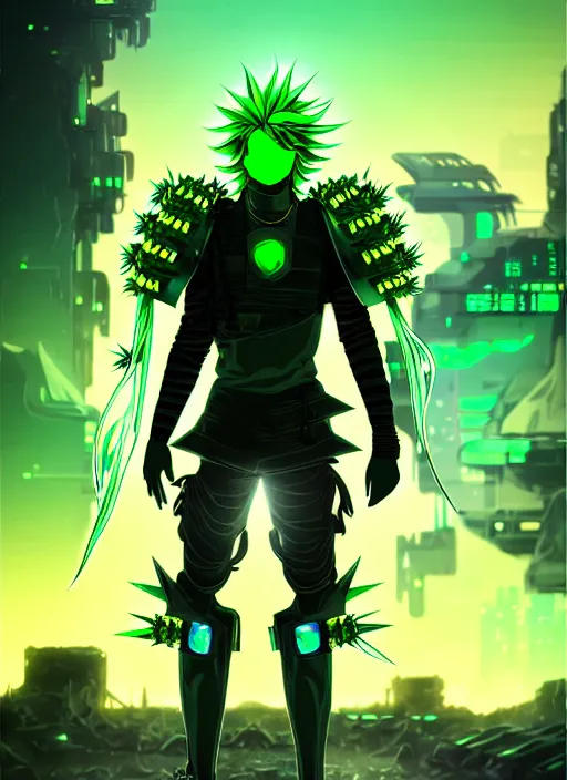 Image similar to a striking cinematic full body manga portrait of a male warrior with long blonde hair and blue eyes wearing evil green spiked cyberpunk armour and standing in the desolate burning ruins of a futuristic city by hirohiko araki and beeple, fine details, digital art, character concept art, volumetric lighting, cinematic light