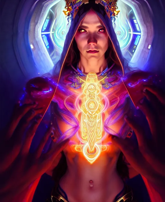 Image similar to a whirlwind of souls rushing inside the metaverse, half body, glowin eyes, tiara with sapphire, pharaoh, android, cyberpunk, d & d, fantasy, intricate, elegant, highly detailed, colorful, vivid color, digital painting, artstation, concept art, art by artgerm and greg rutkowski and alphonse mucha and ruan jia