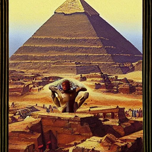 Image similar to joe rogan, king of the pharaohs, fends off aliens atop the pyramid of giza as a war of the world style invasion is happening. masterpiece illustration by albert bierstadt and billy butcher. h 6 4 0