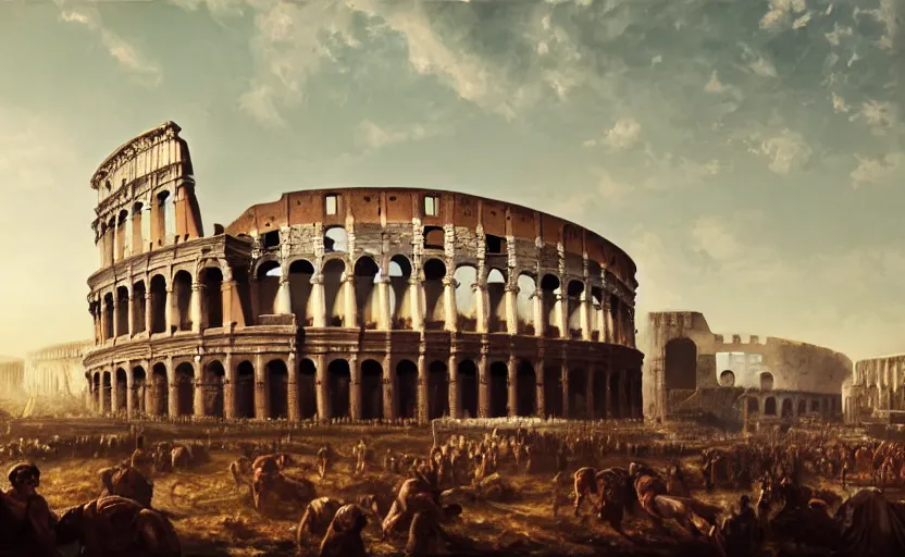 Image similar to A painting of the Roman Colosseum trending on artstation in the style of Greg Rutkowski