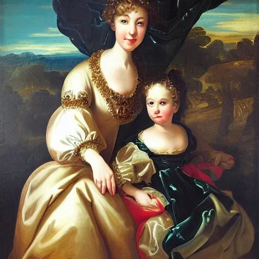 Prompt: a beautiful woman and her daughter baroque style painting