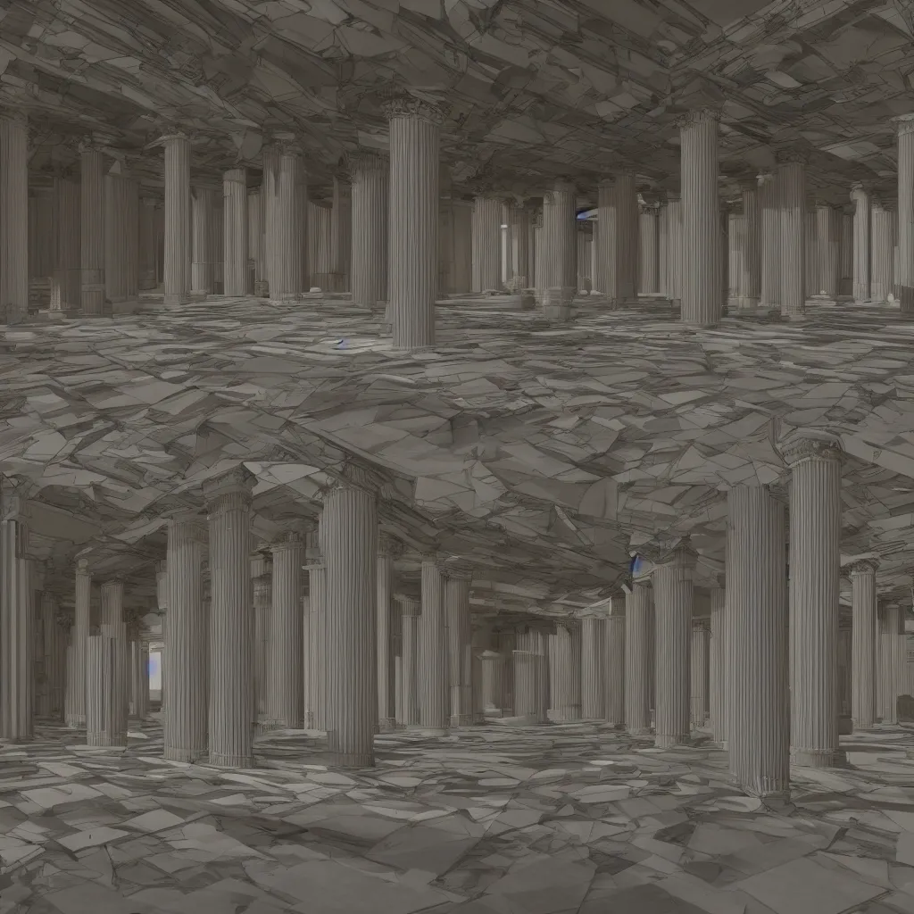 Prompt: a very large room with a lot of columns, a computer rendering by senior environment artist, polycount, deconstructivism, greeble, vray, vray tracing