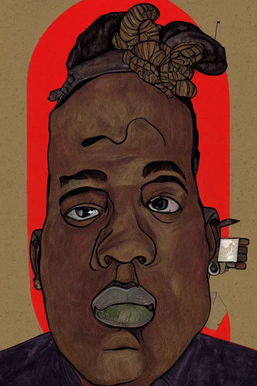 Image similar to a portrait of biggie small in style of egon schiele, masterpiece, hyperdetailed, complex, intricate, 4 k, trending on artstation