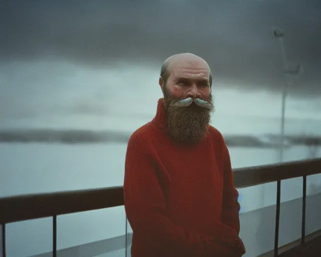 Image similar to 4 0 years russian man with beard and sweater standing on small hrushevka 9 th floor balcony in taiga looking at sunset, award - winning lomographic tarkovsky film still, kodak ektar, bokeh