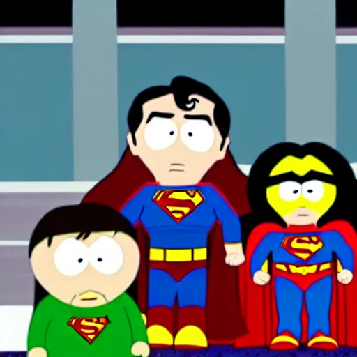 Image similar to superman in southpark. movie still.