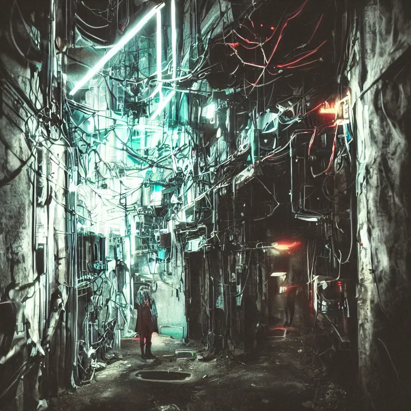 Image similar to a person in a dark tunnel with a light on, cyberpunk art by elsa bleda, trending on cg society, light and space, dystopian art, futuristic, circuitry