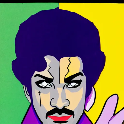 Prompt: a portrait of prince as the comic book villain gemini. half his face is white with green hair. in the style of herbert bayer