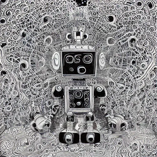 Image similar to “geometrically incomprehensible surreal order of robot world, extremely high detail, photorealistic, intricate line drawings, dotart, album art in the style of James Jean”