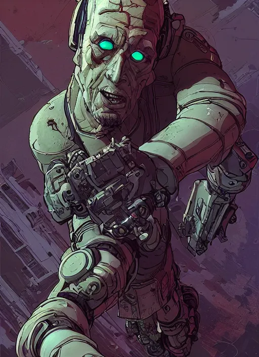 Image similar to a study of cell shaded portrait of james cameron cyborg as borderlands 3 concept art, llustration, post grung, concept art by josan gonzales and wlop, by james jean, victo ngai, david rubin, mike mignola, laurie greasley, highly detailed, sharp focus, alien, trending on artstation, hq, deviantart, art by artgem