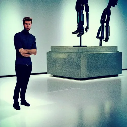 Image similar to “a realistic detailed photo of a guy who is an attractive humanoid who is half robot and half humanoid, who is a male android, actor Liam Hemsworth, shiny skin, posing like a statue, blank stare, at the museum, on display”