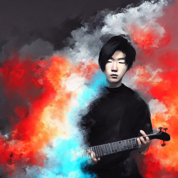 Prompt: a young korean man wearing black t shirt holding an electric guitar!! in dark room, dramatic smoke everywhere, heavy contrast, matte colors, thought provoking, dramatic brush strokes, abstract digital art trending on artstation