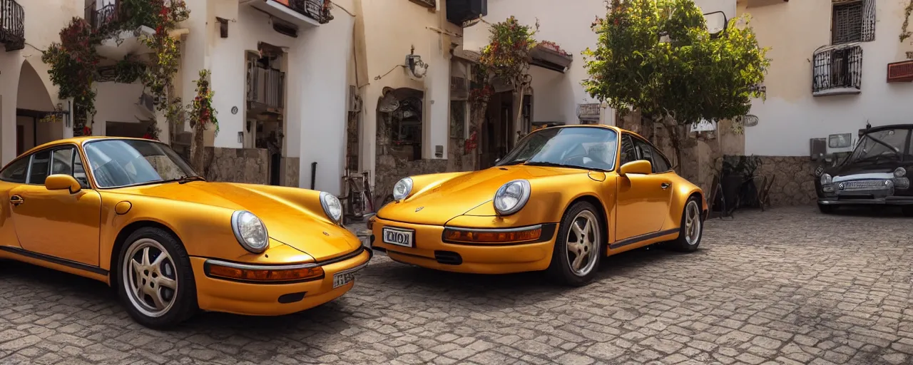 Image similar to Photo of a copper yellow Porsche 911 Carrera 3.2 parked in front of a cafe in Cyprus, daylight, dramatic lighting, award winning, highly detailed