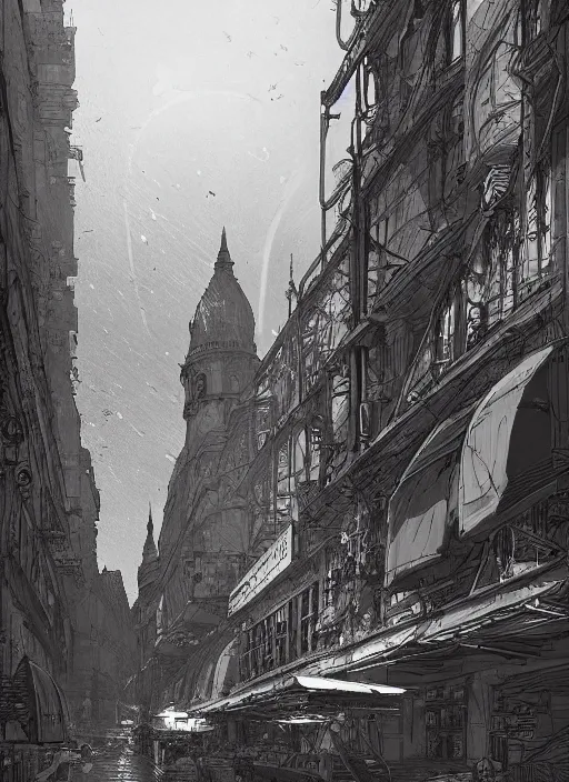 Image similar to Budapest , Dynamic lighting, cinematic, extremely high detail, photo realistic, cinematic lighting, pen and ink, intricate line drawings, post processed, concept art, artstation, matte painting, style by Raphael Lacoste, Eddie Mendoza, Q Hayashida