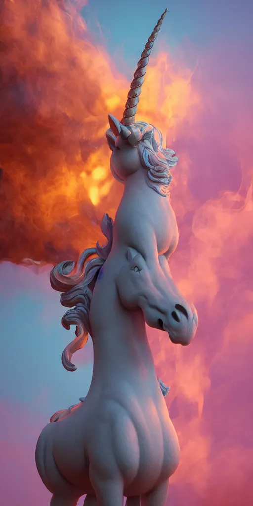 Image similar to a statue of a ramping unicorn sourrounding by a colorful smoke, victorian baroque, hyperrealistic, detailed, depth of field, High definition, 8k, depth of field, octane render, artstation