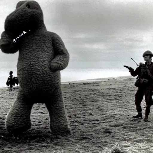 Image similar to award winning photograph of barnie the dinosaur at d - day, colorized