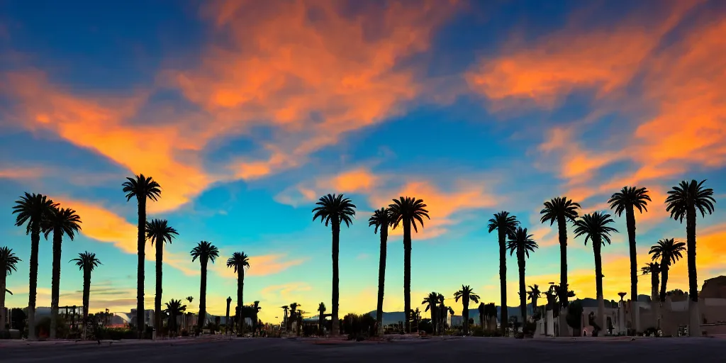 Prompt: sunset on las vegas, tetrachromacy, professional photo, landscape, dark, stunning sky, low horizon, award winning, colorful sky