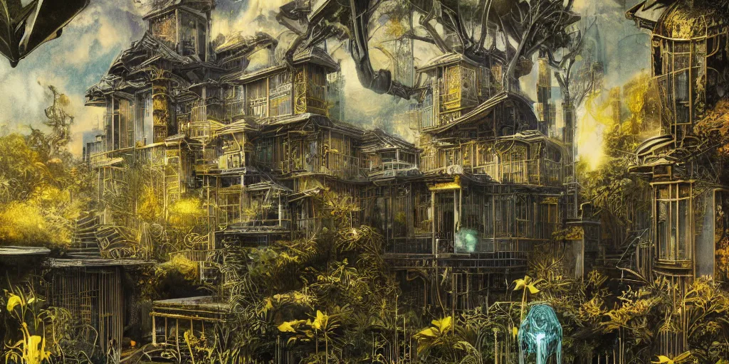 Prompt: a photo of a concept architecture art house solarpunk in the garden, style brutalism, gold and black turquoise ratio, extremely detailed, sharp focus, wide view, detailed rought paper, digital illustration, colorfull, by william turner art, by greg rutowski, by carl larson, by edmund dulac