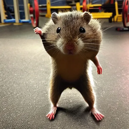 Prompt: “super strong hamster humanoid with muscles, flexing its arms”