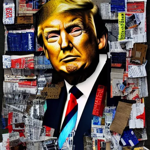 Prompt: a portrait of donald trump constructed from trash, collage, 🗑, trash, drop shadow,, layered composition, layers, texture, mcu, highly textured, layered, sculpted, dynamic,