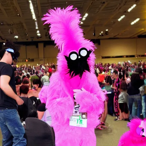 Image similar to hot pink feather boa muppet at furry convention, with furries in the background