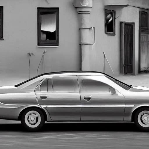 Prompt: cheap, silver paint sedan car, broken front, front view, heavy grain, hyperrealistic render, daylight, ray tracing, street photo