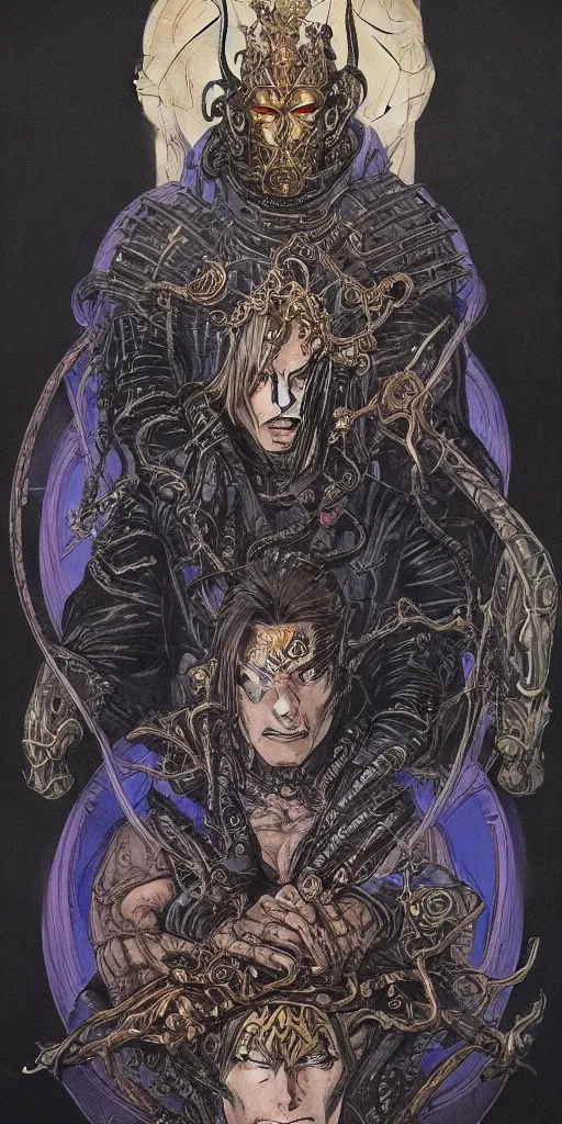 Prompt: a stunning and hypnotic full color art nouveau styled bust portrait of elric as a godlike and stoic chaos king with violent malevolent eyes and intricately detailed black armor by travis charest and michael kaluta, 8k, hyperdetailed