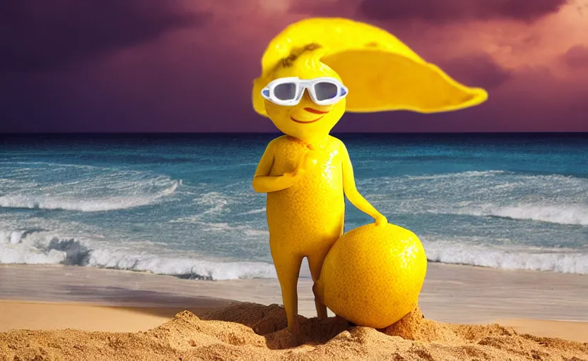 Image similar to 5 0 mm photograph, of a real anthropomorphic lemon character, with lemon skin texture, it is wearing a hat and scuba diving, building a sandcastle on the beach at sunset, beach, huge waves, sun, clouds, tropical trees, rim light, cinematic photography, professional, sand, sandcastle, volumetric lightening