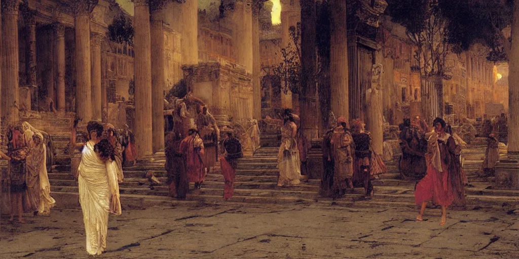 Image similar to ancient rome on fire at night by lawrence alma - tadema,