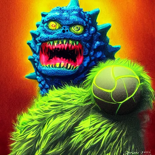 Image similar to a tennis ball monster, tennis ball, dark, chalky, godzilla, digital art, fantasy, magic, trending on artstation, ultra detailed, professional illustration by Basil Gogos