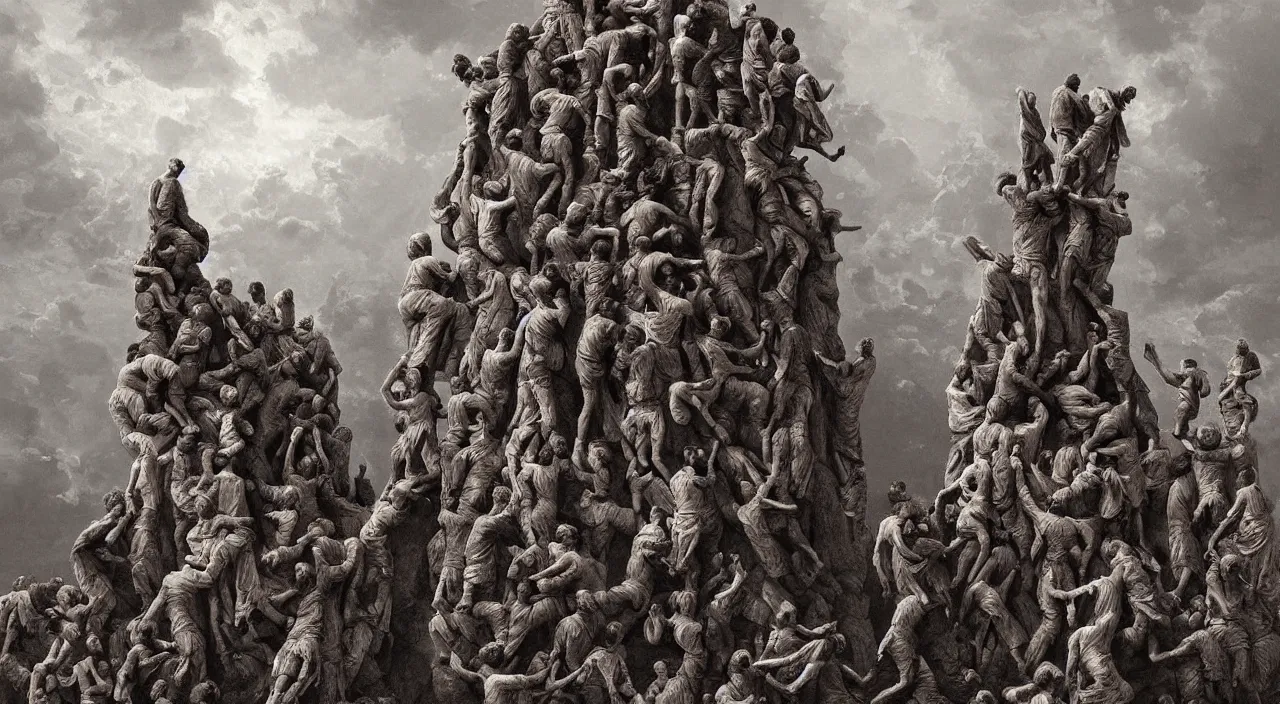 Image similar to catalan castellers human impossible big tower they are stone men like a incredible gian sculpture at the kingdom of julius caesar, roman historic works, hyper - detailed, world renowned artists, historic artworks society, antique renewal, cgsociety, by greg rutkowski, by gustave dore, by caspar david friedrich style