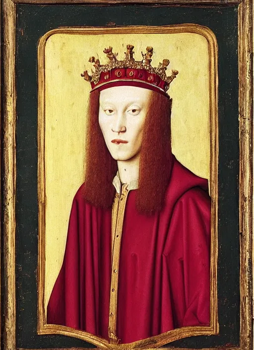 Image similar to portrait of a young man who is a king with a crown, medieval painting by Jan van Eyck, Florence