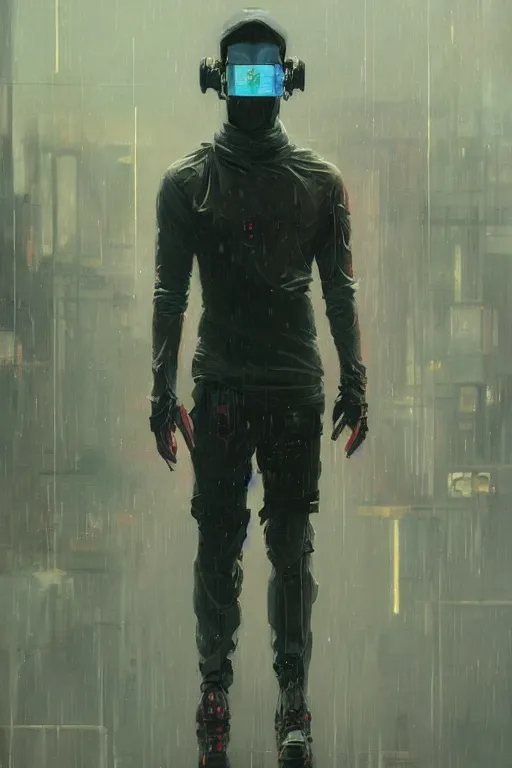 Prompt: a full body portrait oil painting illustration of rahul kohli by justin sweet and greg rutkowski and alphonse mucha with face and body clearly visible, techwear, futuristic, cyberpunk, raining! artstation trending, high quality, colourful! artstation trending, abstract colours, no crop, entire character!,