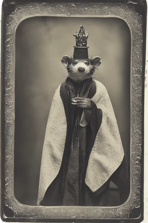 Image similar to a wet plate photo of a ferret priest, wearing a crown, wearing a robe