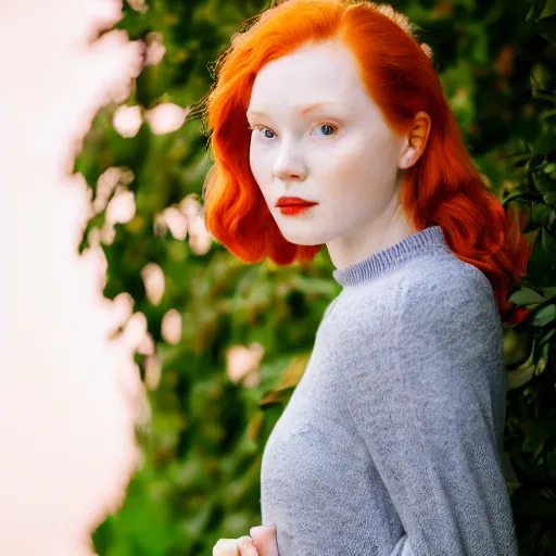 Image similar to Portrait of a young redhead lady with a flower, Canon EOS R3, f/1.4, ISO 200, 1/160s, 8K, RAW, unedited, symmetrical balance, in-frame