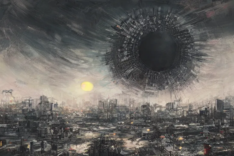 Image similar to concept art, landscape of tokyo, rising black sun, dystopia, paint style, high detail