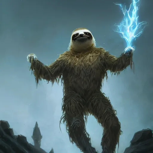 Image similar to Sloth, Anthropomorphized, casting epic spell, magic the gathering artwork, D&D, fantasy, cinematic lighting, centered, symmetrical, highly detailed, digital painting, artstation, concept art, smooth, sharp focus, illustration, volumetric lighting, epic Composition, 8k, art by Akihiko Yoshida and Greg Rutkowski and Craig Mullins, heroic pose, oil painting, cgsociety, magic lab background