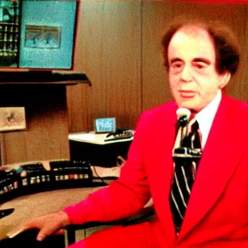 Image similar to 1985 Stewart Pankin as Bob Charles dressed in a red suit and necktie sitting at a news desk, videotape still from 1985