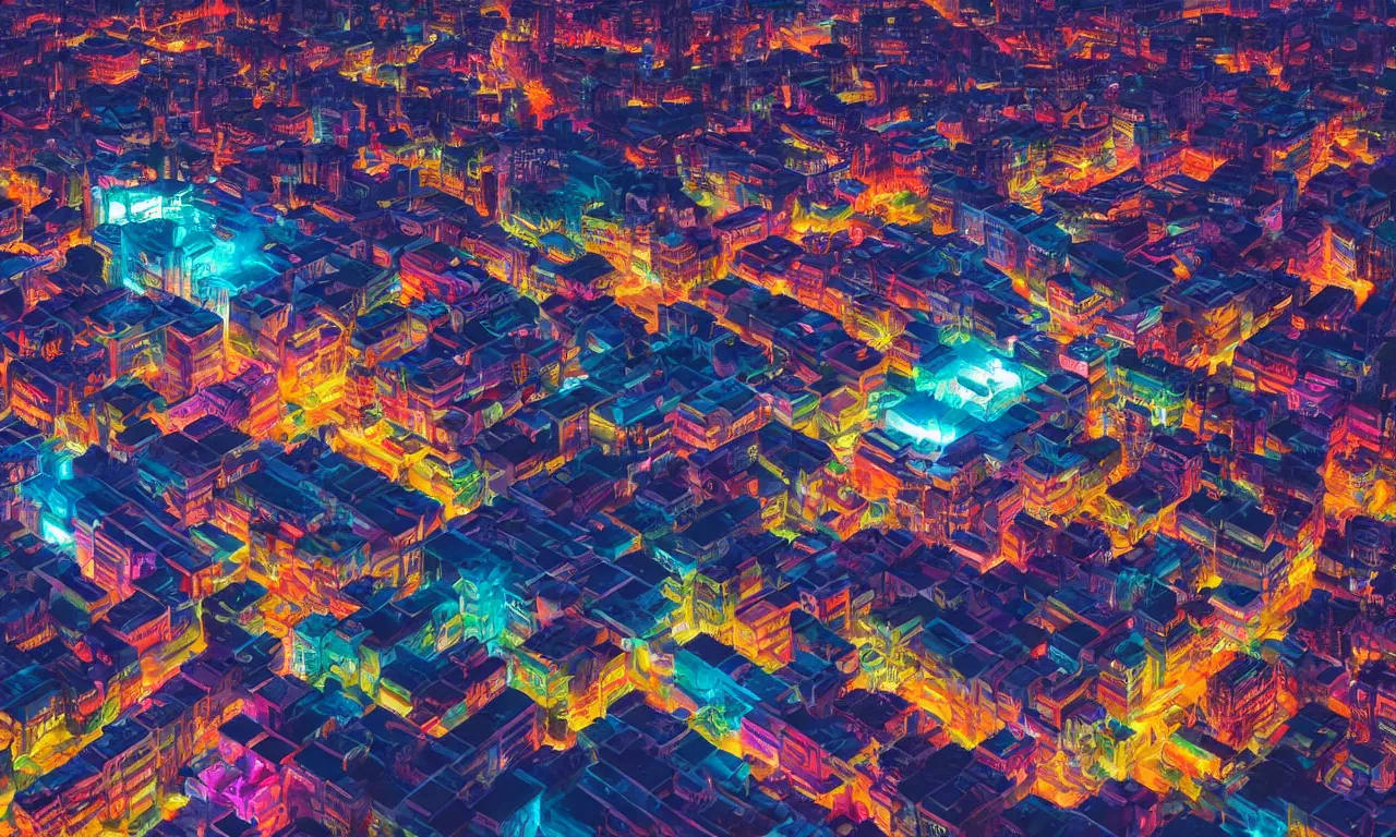 Prompt: drone view colorful photograph of a futuristic city, science fiction, night lights, beautifully lit buildings, mystic hues, distant, sharp focus, volumetric lights, digital art, RTX, hyperrealistic, cinematic, by lee madgwick