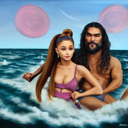 Prompt: ariana grande and jason momoa on a tandem, lowbrow painting by mark ryden