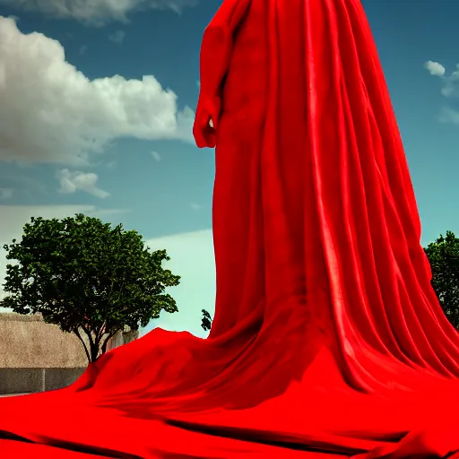 Image similar to a roman statue covered by red cloth that's blowing in the wind, digital art, concept art, cloth simulation with houdini, octane, redshift, 8 k