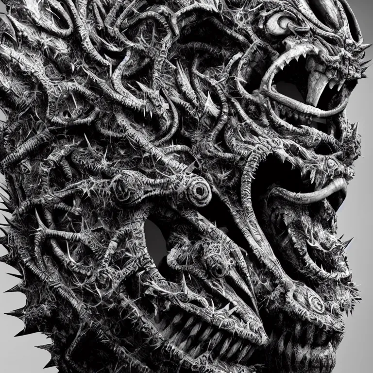 Prompt: biomechanical symmetrical spiky spinal ribbed surreal yama buddhist demon face portrait detailed beautiful BW digital art 3D render sculpture by Giger beautiful detailed intricate insanely detailed octane render, 8K artistic photography, photorealistic