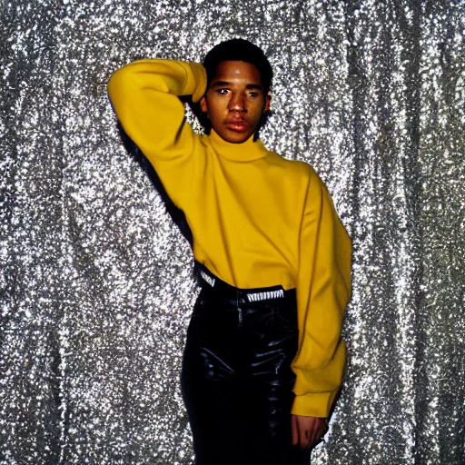 Image similar to realistic! photoshoot for a new vetements lookbook, color film photography, portrait of a beautiful woman, tinfoil background, in style of tyler mitchell, 35mm