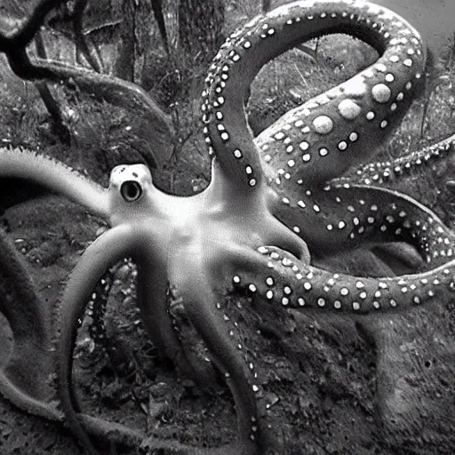 Image similar to octopus trailcam footage, grainy black and white, low quality, security camera