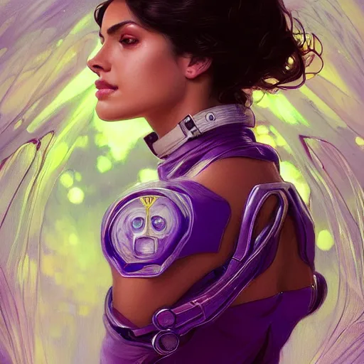 Image similar to Portrait of very very very very very very beautiful Latina woman, spacesuit, purple eyes, intricate, elegant, highly detailed, digital painting, artstation, concept art, smooth, sharp focus, illustration, art by artgerm and greg rutkowski and alphonse mucha