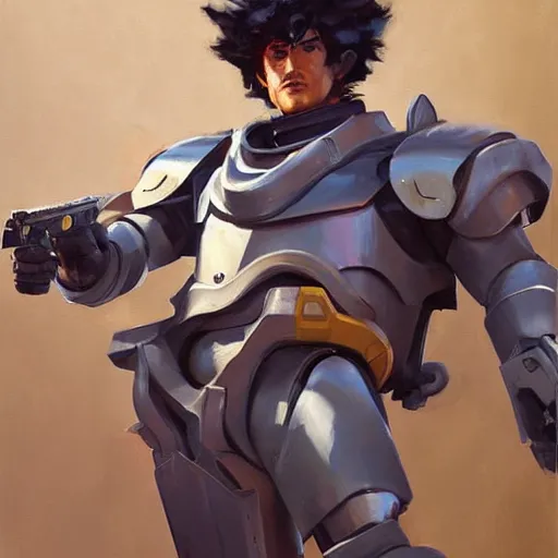 Prompt: greg manchess portrait painting of armored spike spiegel as overwatch character, totally whack, medium shot, asymmetrical, profile picture, organic painting, sunny day, matte painting, bold shapes, hard edges, street art, trending on artstation, by huang guangjian and gil elvgren and sachin teng