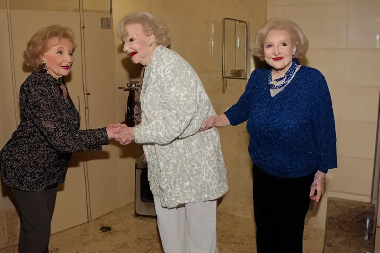 Image similar to betty white shaking hands with a 6 0 0 pound dwarf in the bathroom