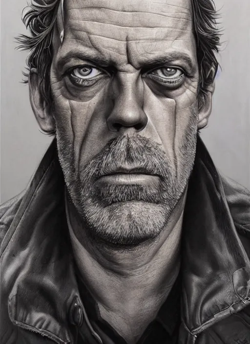 Prompt: portrait of hugh laurie, gritty, dark, wearing a leather jacket, very detailed eyes, hyperrealistic, very detailed painting by Glenn Fabry, by Joao Ruas, by Artgerm