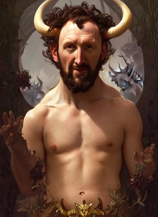 Image similar to portrait of alex horne as a satyr, d & d, fantasy, intricate, elegant, highly detailed, digital painting, artstation, concept art, smooth, sharp focus, illustration, art by artgerm and greg rutkowski and alphonse mucha