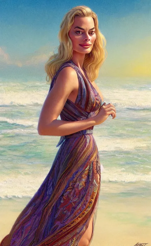 Image similar to A beautiful Margot Robbie wearing a sundress on the beach, D&D, fantasy, intricate, elegant, highly detailed, digital painting, artstation, concept art, matte, sharp focus, illustration, art by Artgerm and Greg Rutkowski and Alphonse Mucha